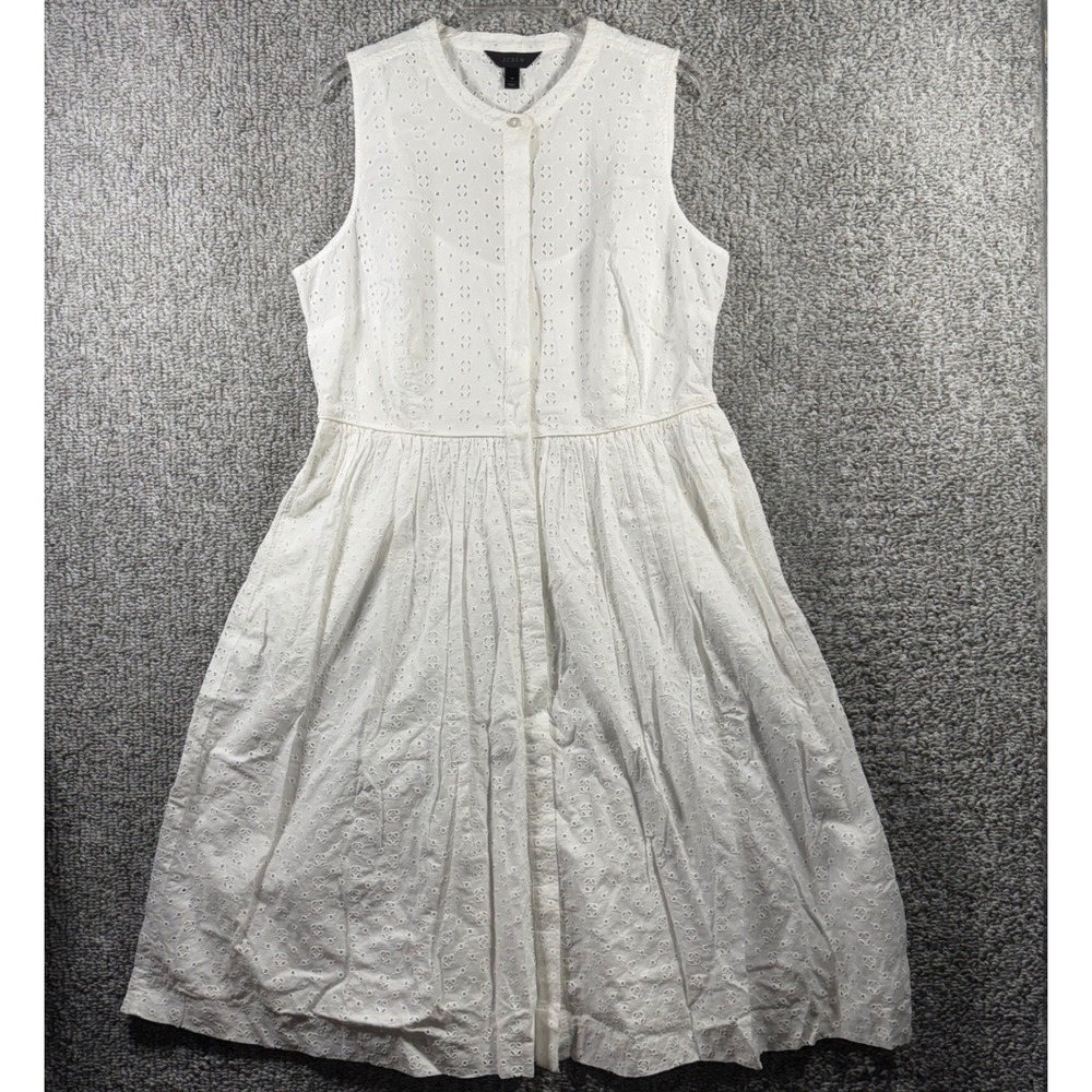 J.Crew Eyelet Midi Dress White Button Front Sleeveless Cottagecore Womens 14